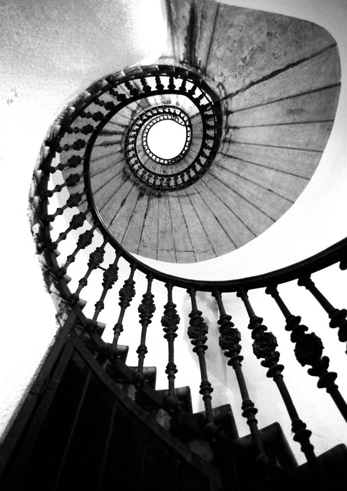 Budapest spiral staircase black and white photograph by Francis Keating